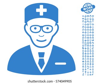 Head Physician icon with bonus men design elements. Vector illustration style is flat iconic cobalt symbols on white background.