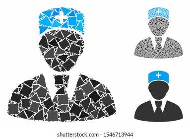 Head physician mosaic of abrupt elements in variable sizes and color tinges, based on head physician icon. Vector humpy elements are composed into mosaic.