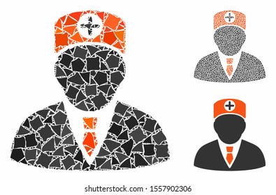 Head physician mosaic of joggly items in different sizes and color hues, based on head physician icon. Vector joggly pieces are united into collage. Head physician icons collage with dotted pattern.