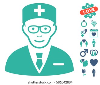 Head Physician pictograph with bonus decoration symbols. Vector illustration style is flat iconic cobalt and cyan symbols on white background.