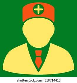 Head Physician vector icon. Style is bicolor flat symbol, orange and yellow colors, rounded angles, green background.