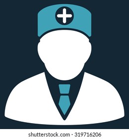 Head Physician vector icon. Style is bicolor flat symbol, blue and white colors, rounded angles, dark blue background.
