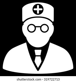 Head Physician vector icon. Style is flat symbol, white color, rounded angles, black background.