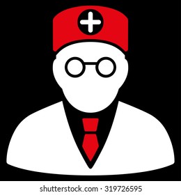Head Physician vector icon. Style is bicolor flat symbol, red and white colors, rounded angles, black background.
