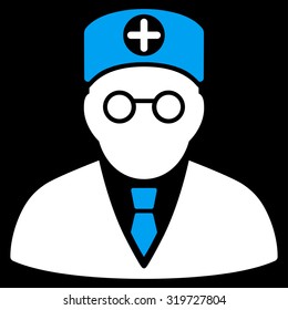 Head Physician vector icon. Style is bicolor flat symbol, blue and white colors, rounded angles, black background.