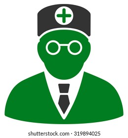 Head Physician vector icon. Style is bicolor flat symbol, green and gray colors, rounded angles, white background.