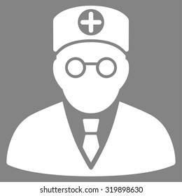 Head Physician vector icon. Style is flat symbol, white color, rounded angles, gray background.