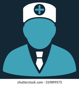 Head Physician vector icon. Style is bicolor flat symbol, blue and white colors, rounded angles, dark blue background.