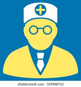 Head Physician vector icon. Style is bicolor flat symbol, yellow and white colors, rounded angles, blue background.