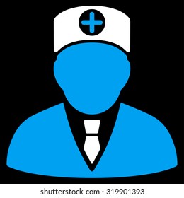 Head Physician vector icon. Style is bicolor flat symbol, blue and white colors, rounded angles, black background.