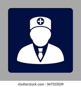 Head Physician vector icon. Style is flat rounded square button, white and dark blue colors, silver background.
