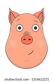 Head of pig in cartoon style. Vector illustration. Woodland animal head icon. Serene pig. Pig emotional head.