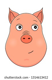 Head of pig in cartoon style. Vector illustration. Woodland animal head icon. Trusting pig. Pig emotional head.
