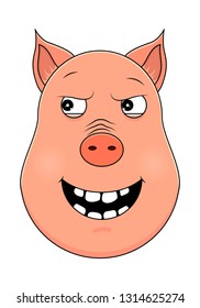 Head of pig in cartoon style. Vector illustration. Woodland animal head icon. Malevolent pig. Pig emotional head.