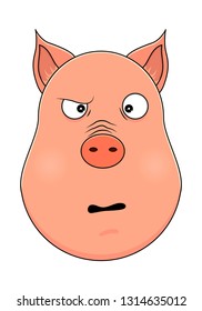 Head of pig in cartoon style. Vector illustration. Woodland animal head icon. Confused pig. Pig emotional head.