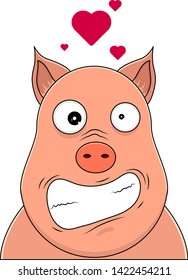 Head of pig looking hysterical with love emotions. Kawaii animal.