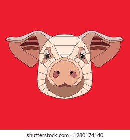 Head of a pig on a red background. Polygonal ornamental stylization. Vector illustration. 