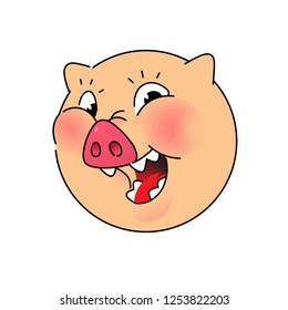 The head of a pig. Vector. Logo, symbol for the company. Emblem for fast food and food. Round head boar. Meat animal. Bacon. Funny cartoon face. Mascot Flat style.