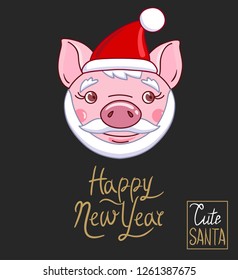 The head of a piglet dressed in a Santa Claus hat, beard and mustache. Hand drawn style vector design for illustration. New Year's mask
