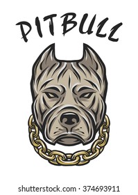 The head of a pit bull with a chain.