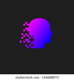 Head with pixel logo, human digital brain icon, vector mind sign, infirmation and development, abstract business concept