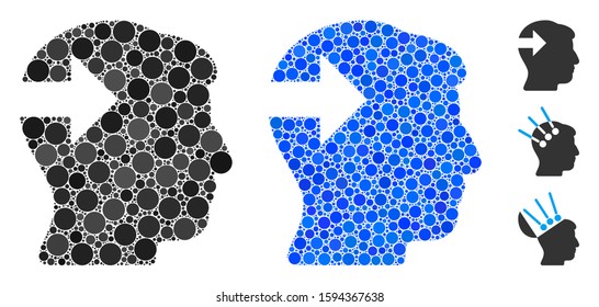 Head plug-in arrow composition of small circles in various sizes and shades, based on head plug-in arrow icon. Vector random circles are composed into blue composition.