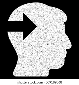 Head Plug-In Arrow grainy textured icon for overlay watermark stamps. Flat symbol with unclean texture. Dotted vector white ink rubber seal stamp with grunge design on a black background.
