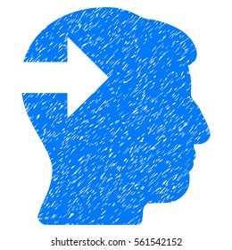 Head Plug-In Arrow grainy textured icon for overlay watermark stamps. Flat symbol with scratched texture. Dotted vector blue ink rubber seal stamp with grunge design on a white background.