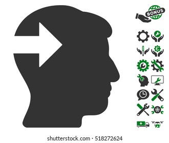 Head Plug-In Arrow icon with bonus configuration graphic icons. Vector illustration style is flat iconic green and gray symbols on white background.