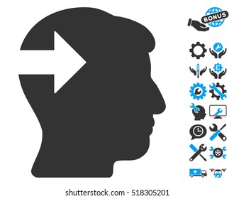 Head Plug-In Arrow icon with bonus setup tools design elements. Vector illustration style is flat iconic blue and gray symbols on white background.