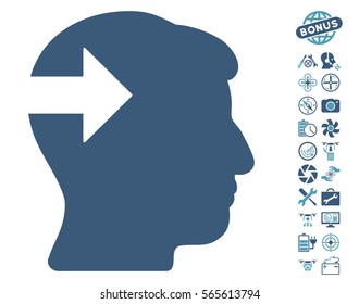 Head Plug-In Arrow icon with bonus flying drone tools symbols. Vector illustration style is flat iconic cyan and blue symbols on white background.