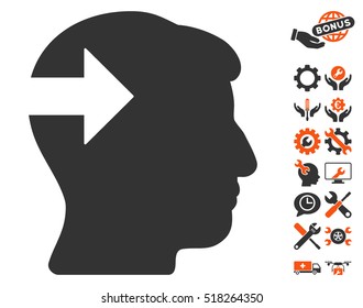 Head Plug-In Arrow pictograph with bonus settings clip art. Vector illustration style is flat iconic orange and gray symbols on white background.