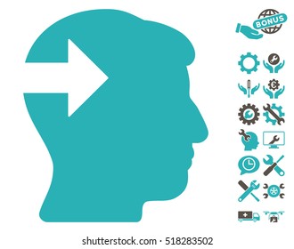 Head Plug-In Arrow pictograph with bonus configuration icon set. Vector illustration style is flat iconic grey and cyan symbols on white background.