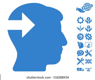 Head Plug-In Arrow pictograph with bonus service icon set. Vector illustration style is flat iconic cobalt symbols on white background.