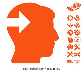 Head Plug-In Arrow pictograph with bonus settings clip art. Vector illustration style is flat iconic orange symbols on white background.