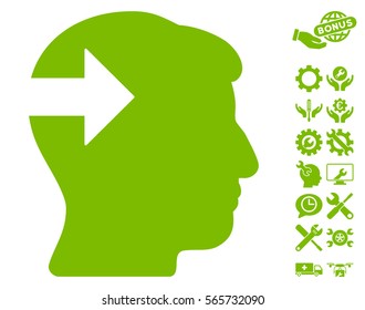 Head Plug-In Arrow pictograph with bonus options pictograph collection. Vector illustration style is flat iconic eco green symbols on white background.
