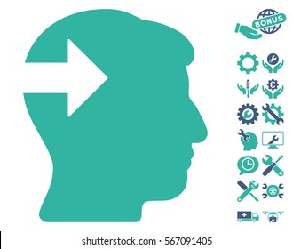 Head Plug-In Arrow pictograph with bonus settings icon set. Vector illustration style is flat iconic cobalt and cyan symbols on white background.