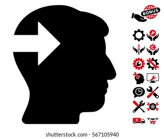 Head Plug-In Arrow pictograph with bonus setup tools symbols. Vector illustration style is flat iconic intensive red and black symbols on white background.