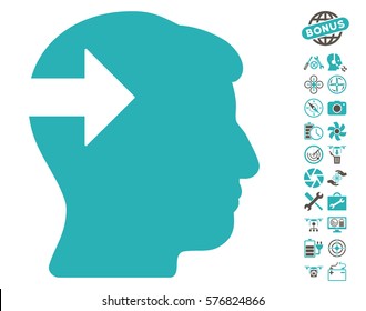 Head Plug-In Arrow pictograph with bonus drone service images. Vector illustration style is flat iconic grey and cyan symbols on white background.