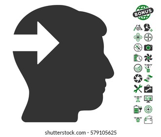 Head Plug-In Arrow pictograph with bonus aircopter service design elements. Vector illustration style is flat iconic green and gray symbols on white background.