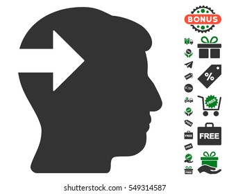 Head Plug-In Arrow pictograph with free bonus clip art. Vector illustration style is flat iconic symbols, green and gray colors, white background.