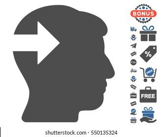 Head Plug-In Arrow pictograph with free bonus pictures. Vector illustration style is flat iconic symbols, cobalt and gray colors, white background.