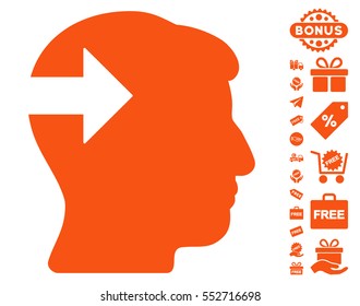 Head Plug-In Arrow pictograph with free bonus symbols. Vector illustration style is flat iconic symbols, orange color, white background.