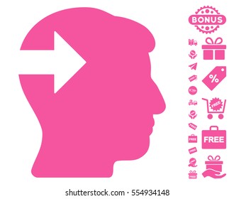 Head Plug-In Arrow pictograph with free bonus graphic icons. Vector illustration style is flat iconic symbols, pink color, white background.