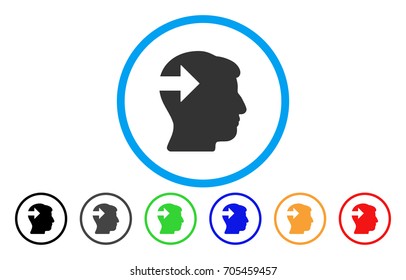 Head Plug-In Arrow vector rounded icon. Image style is a flat gray icon symbol inside a blue circle. Additional color variants are grey, black, blue, green, red, orange.