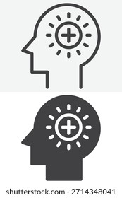 Cabeza con signo más conjunto de iconos de estilo diferente. Línea, contorno y signo de Vector sólido, símbolo. Icono de Vector de trazo editable para el ícono de mentalidad positiva.