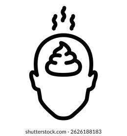 Cabeza con caca en el cerebro. Ilustración vectorial. Trazo editable.