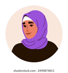 Head portrait of arab woman wearing hijab. Avatar of muslim woman for social networks. Vector flat illustration.