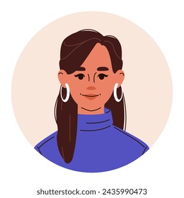 Retrato de la cabeza de una mujer morena con pendientes redondos usando un suéter azul de cuello alto. Icono de perfil de usuario redondo plano vectorial aislado sobre fondo blanco.