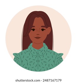 Head portrait of brunette woman wearing in green shirt. Avatar of girl for social networks. Vector flat illustration.